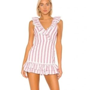 Tularosa Bennet Red & White Double Stripe Ruffle Eyelet Trim Cotton Mini Dress